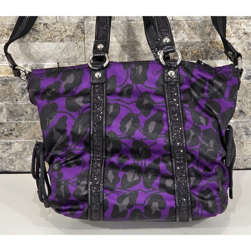 Coach Y2K Poppy Daisy Ocelot Glam Tote Purple Leopard Print Glitter Indie Sleaze - Picture 3 of 16